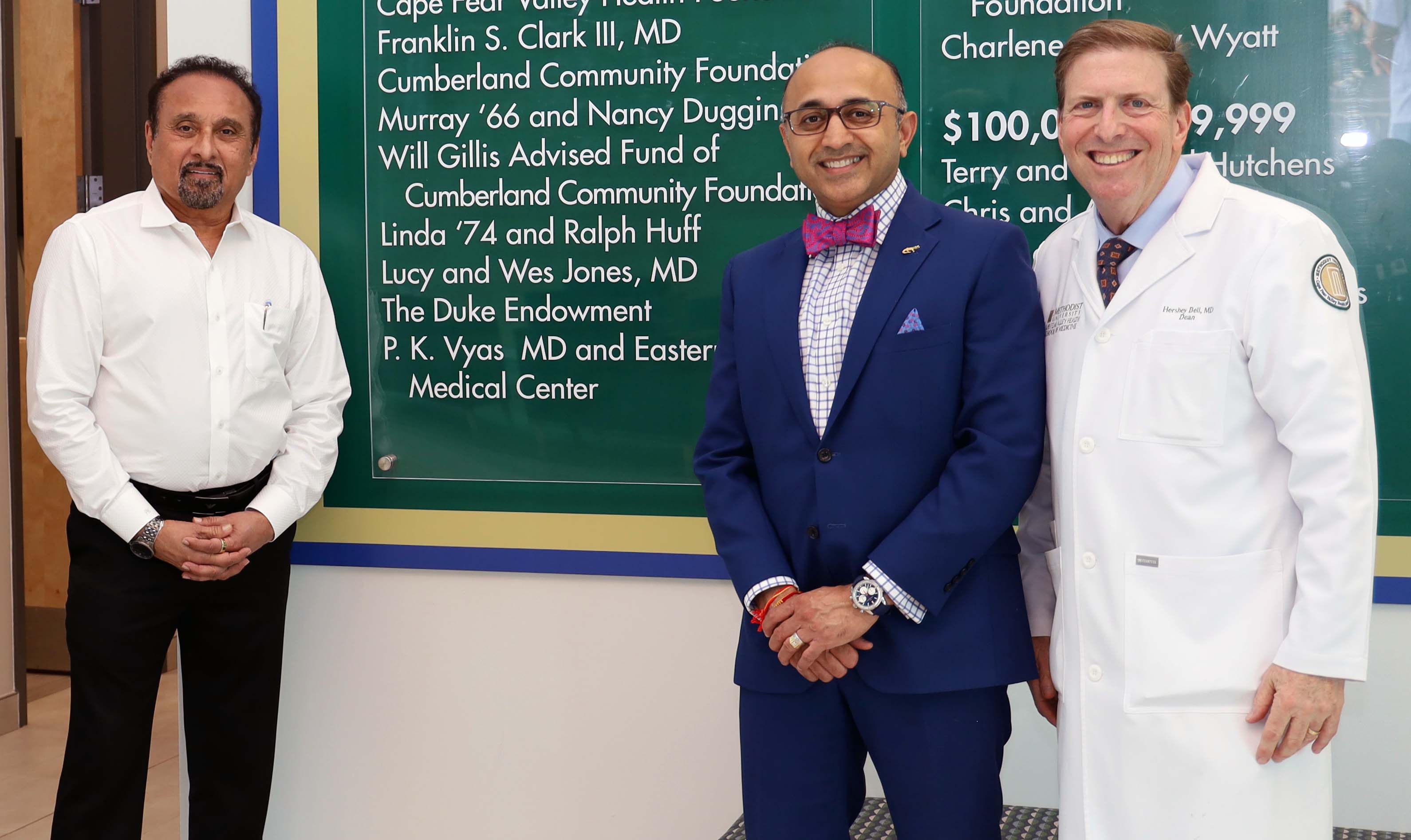 From left: Dr. P.K. Vyas, Eastern Carolina Medical Center; Dr. Ritesh Patel, RPh, CPP, BC-ADM, CDCES, director of pharmacy at ECMC Pharmacy and Avance Care; and Dr. Hershey Bell, dean of the Methodist University Cape Fear Valley Health School of Medicine