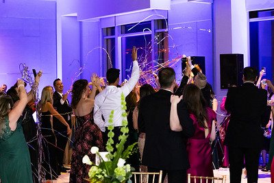 A lively celebration with guests dancing and raising their hands, surrounded by colorful decorations and vibrant lighting.