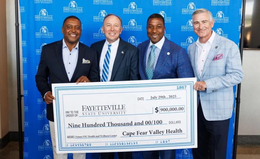 Pictured (from left): Fayetteville Mayor Mitch Colvin, Cape Fear Valley Health CEO Michael Nagowski, FSU Chancellor, Darrell Allison, Cumberland County Commissioner, Kirk deViere.