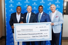 Pictured (from left): Fayetteville Mayor Mitch Colvin, Cape Fear Valley Health CEO Michael Nagowski, FSU Chancellor, Darrell Allison, Cumberland County Commissioner, Kirk deViere.